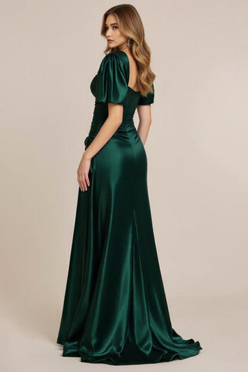 Satin Vert Foncé Une Ligne Ruchée Robe de Bal Avec Fente